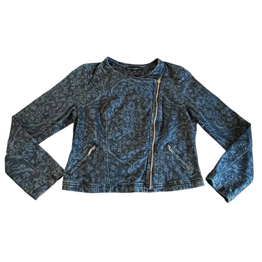 White House Black Market Moto Jacket Womens 10 Blue Damask Floral Print Denim